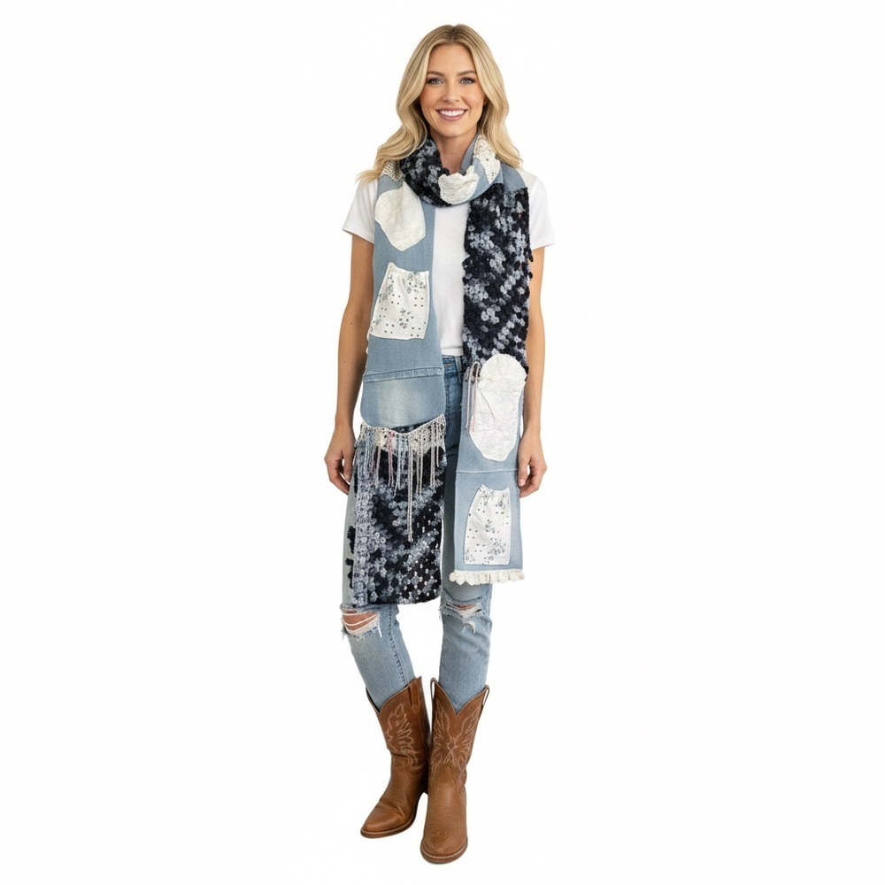 Denim Lace Patchwork Scarf Handmade 92 Inch